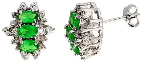 Sterling Silver Emerald Green Color Cubic Zirconia Earrings Oval Shape Rhodium finish 1/2 inch long