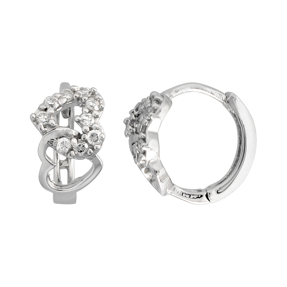 Sterling Silver Cubic Zirconia Double Heart Cut Out Huggie Hoop Earrings for Women 7/16 inch Round