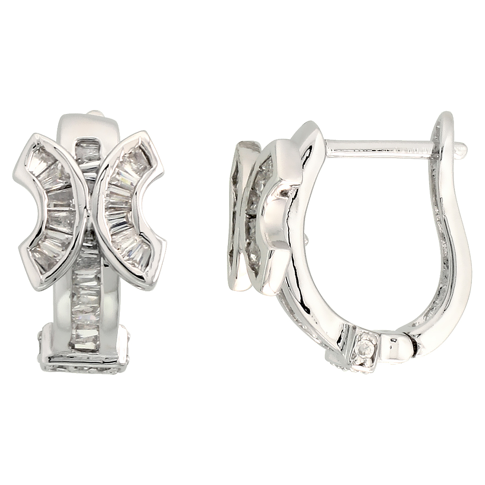 Sterling Silver Cubic Zirconia U-shaped Huggie Hoop Earrings for Women Butterfly-like Accent 5/8 inch Round