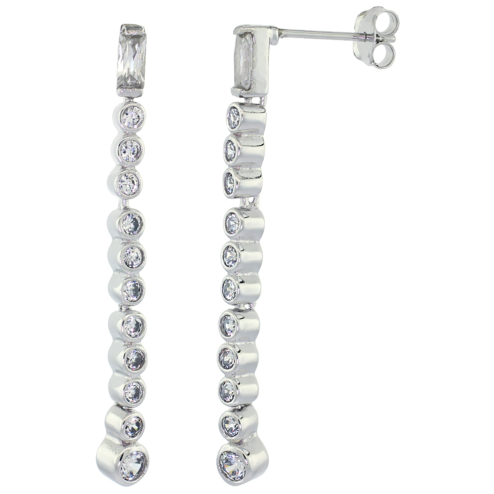 Sterling Silver Multiple CZ Stone Dangling Earrings Bezel Set 1 3/4 inch long