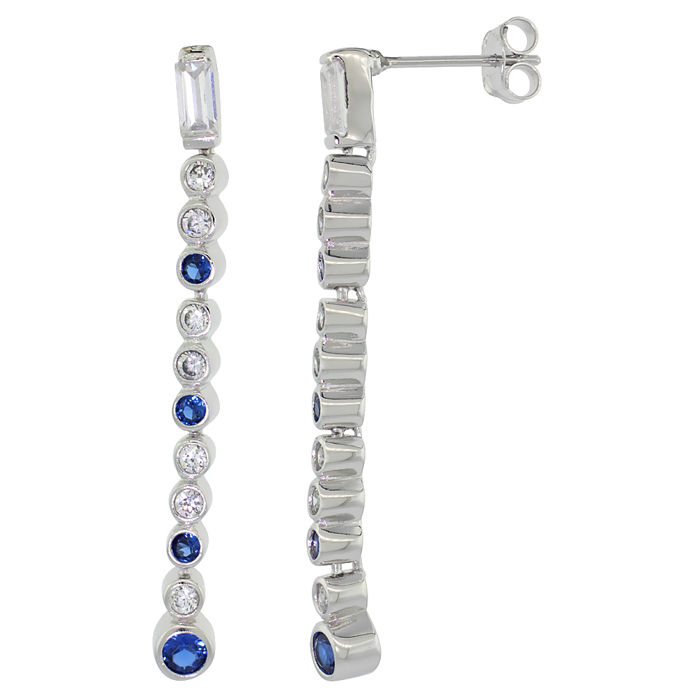 Sterling Silver Multiple CZ Stone Dangling Earrings Blue & White Bezel Set 1 3/4 inch long