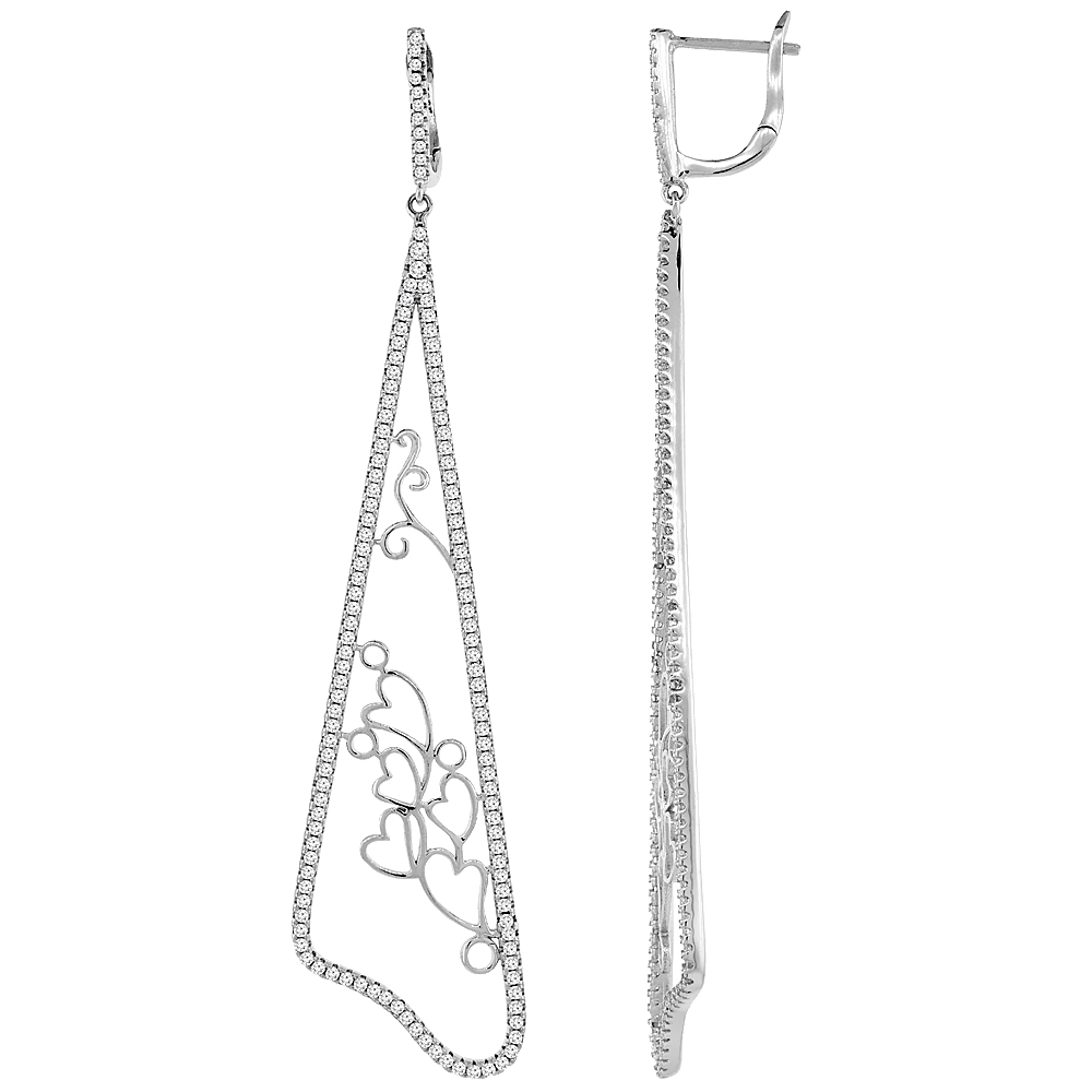 Sterling Silver Cubic Zirconia Hearts Long Earrings 3 inches long