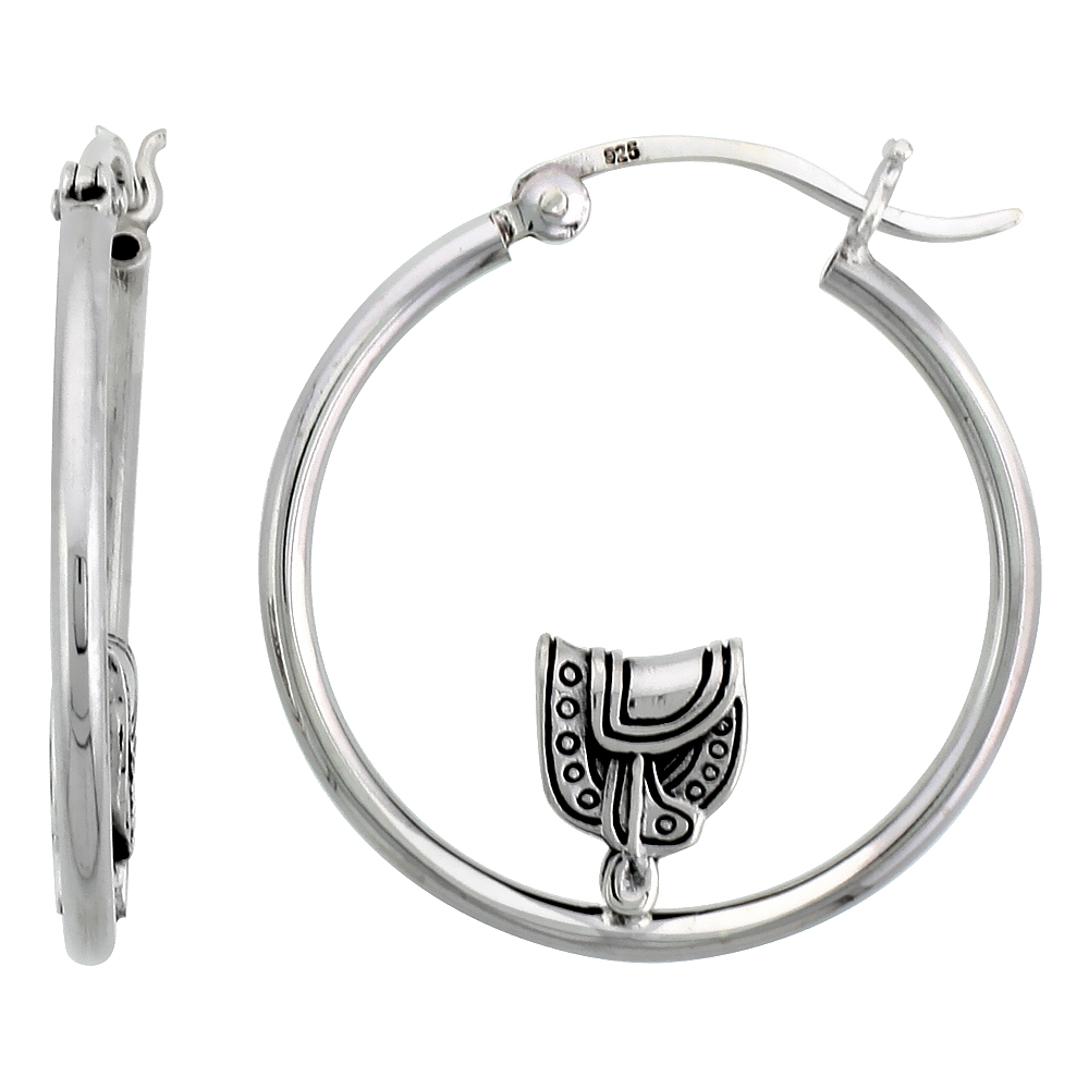 Sterling Silver Saddle Earrings Hoops 1 1/16 inch long
