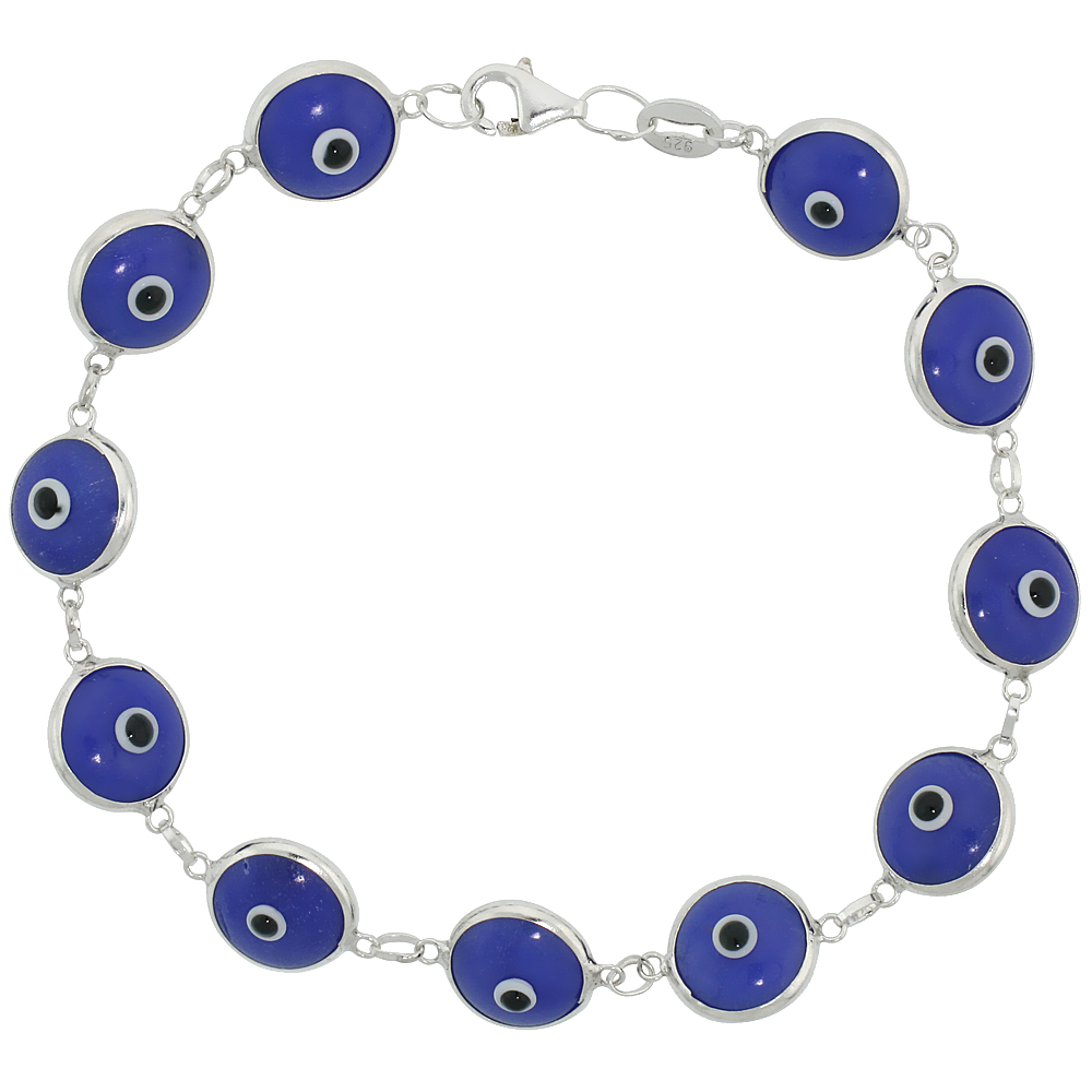 Sterling Silver Evil Eye Bracelet for Women 10 mm Glass Eyes Tanzanite Blue Color 7 inch