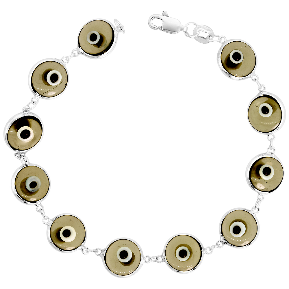 Sterling Silver Evil Eye Bracelet for Women 10 mm Glass Eyes Clear Ruby Red Color 7 inch