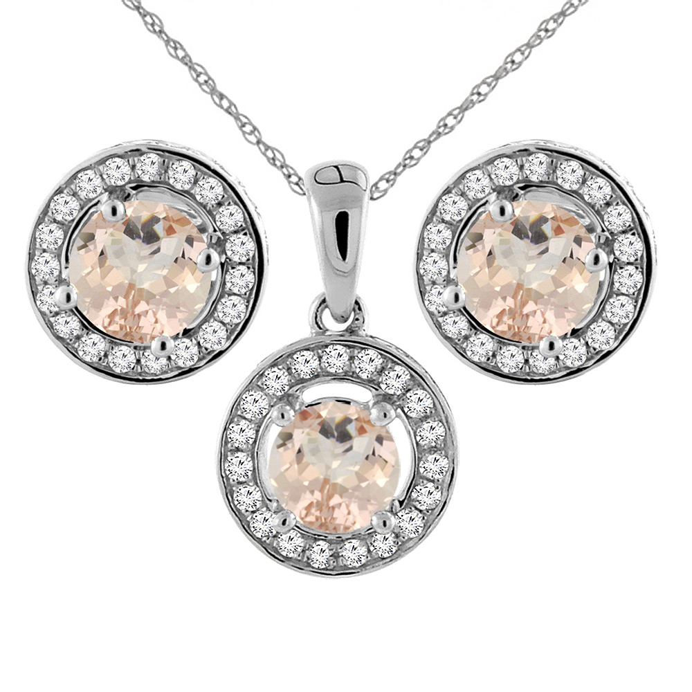 14K White Gold Natural Morganite Earrings and Pendant Set with Diamond Halo Round 5 mm