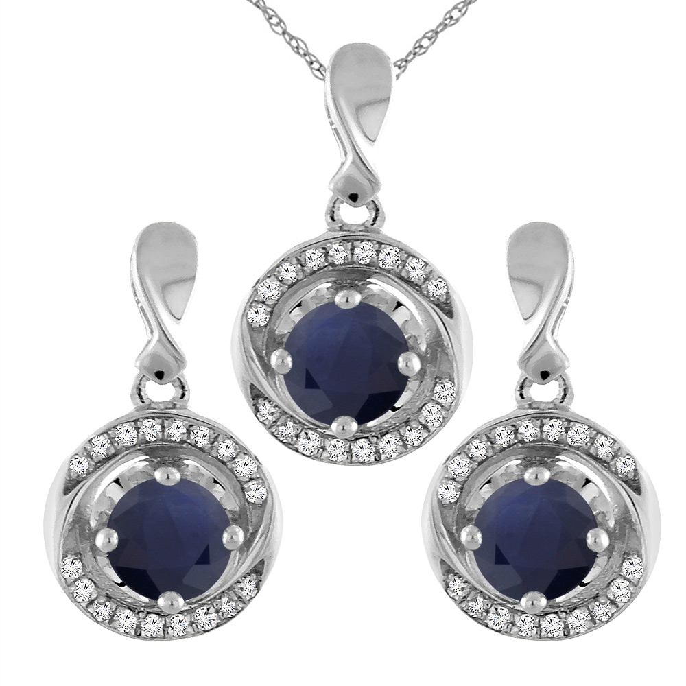 14K White Gold Diamond Halo Natural Quality Blue Sapphire Earrings & Pendant Set with  Round 4 mm