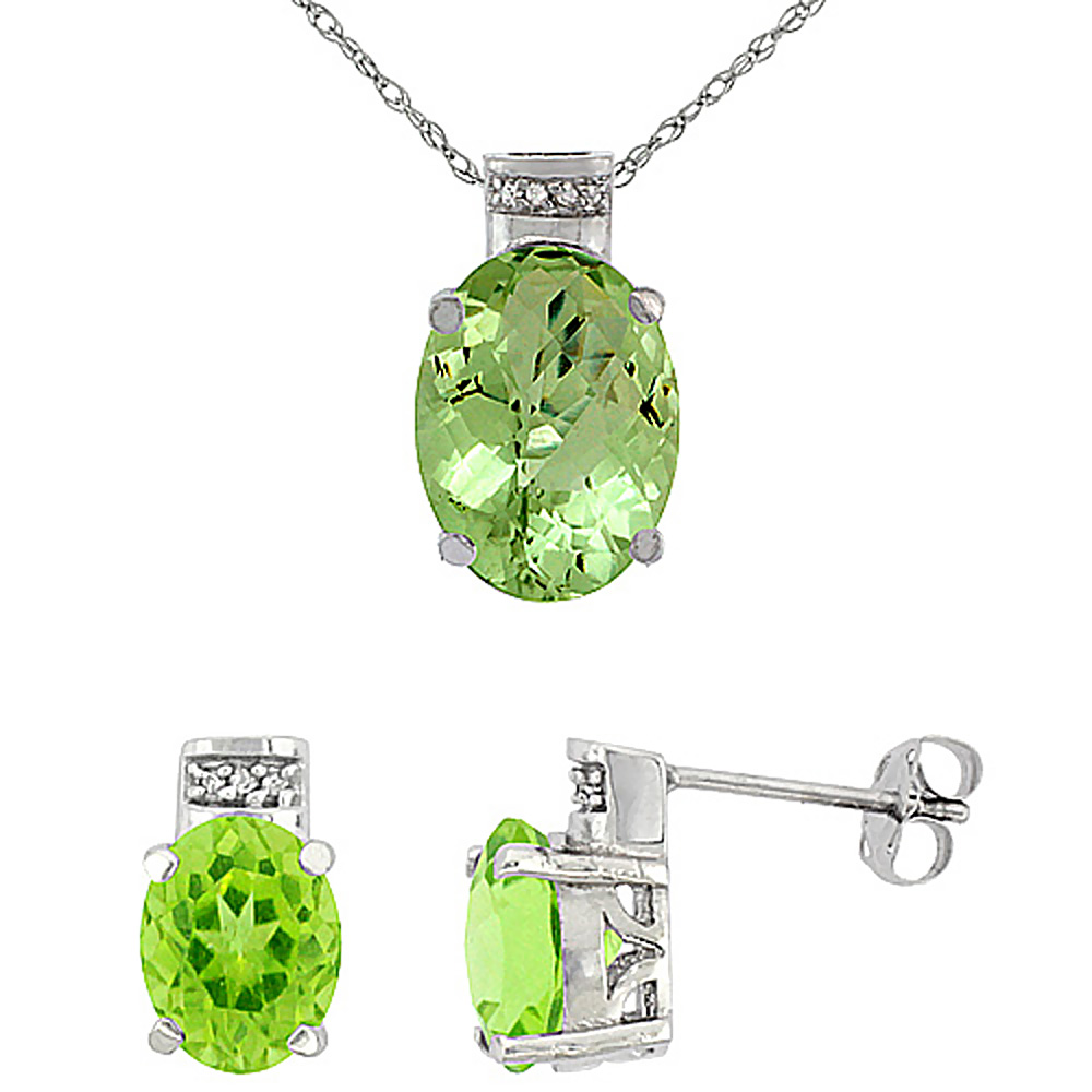 10K White Gold Diamond Natural Oval Peridot Earrings & Pendant Set