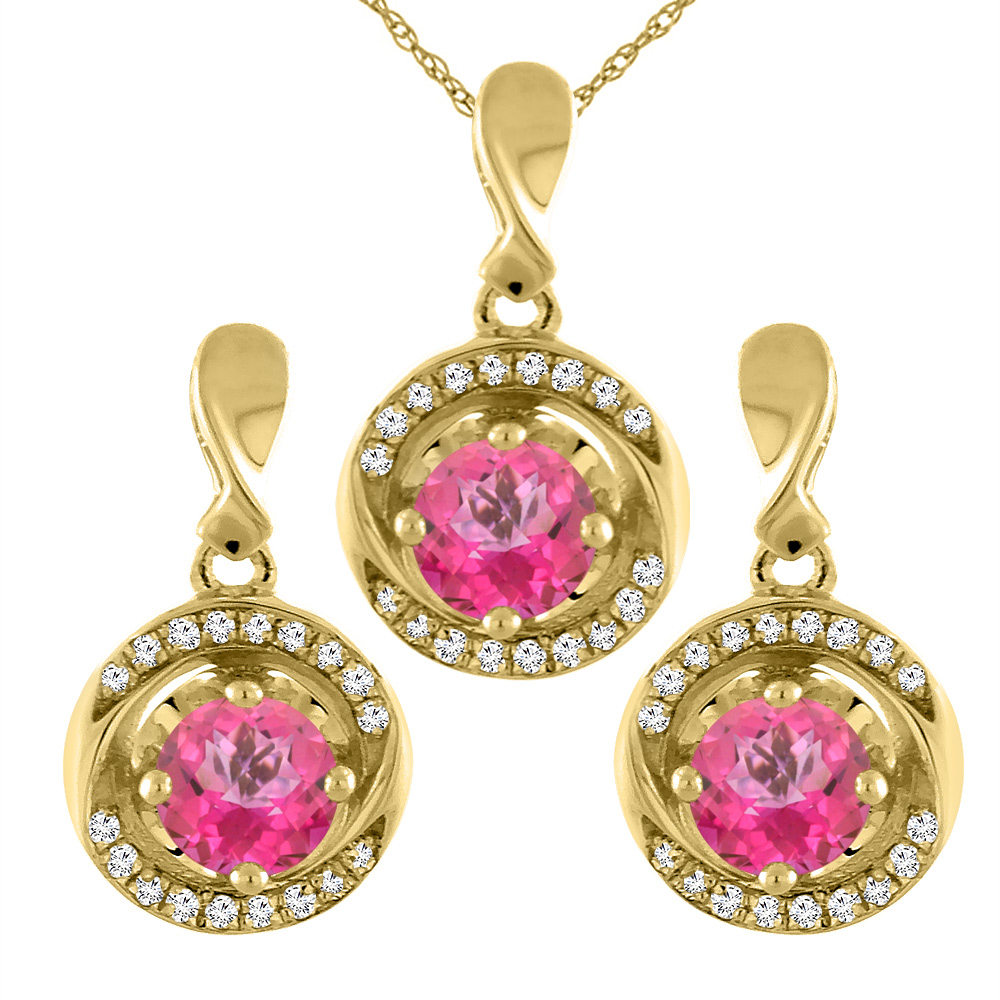 14K Yellow Gold Natural Pink Topaz Earrings and Pendant Set with Diamond Accents Round 4 mm