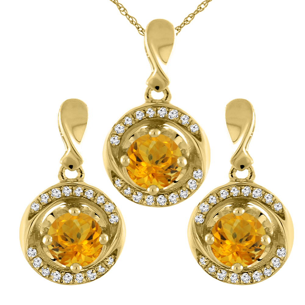 14K Yellow Gold Natural Citrine Earrings and Pendant Set with Diamond Accents Round 4 mm