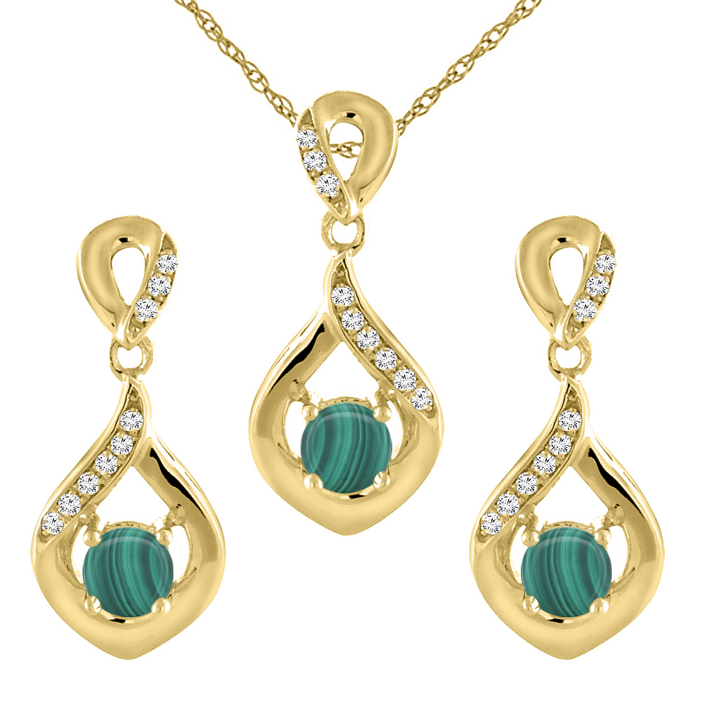 14K Yellow Gold Natural Malachite Earrings and Pendant Set with Diamond Accents Round 4 mm