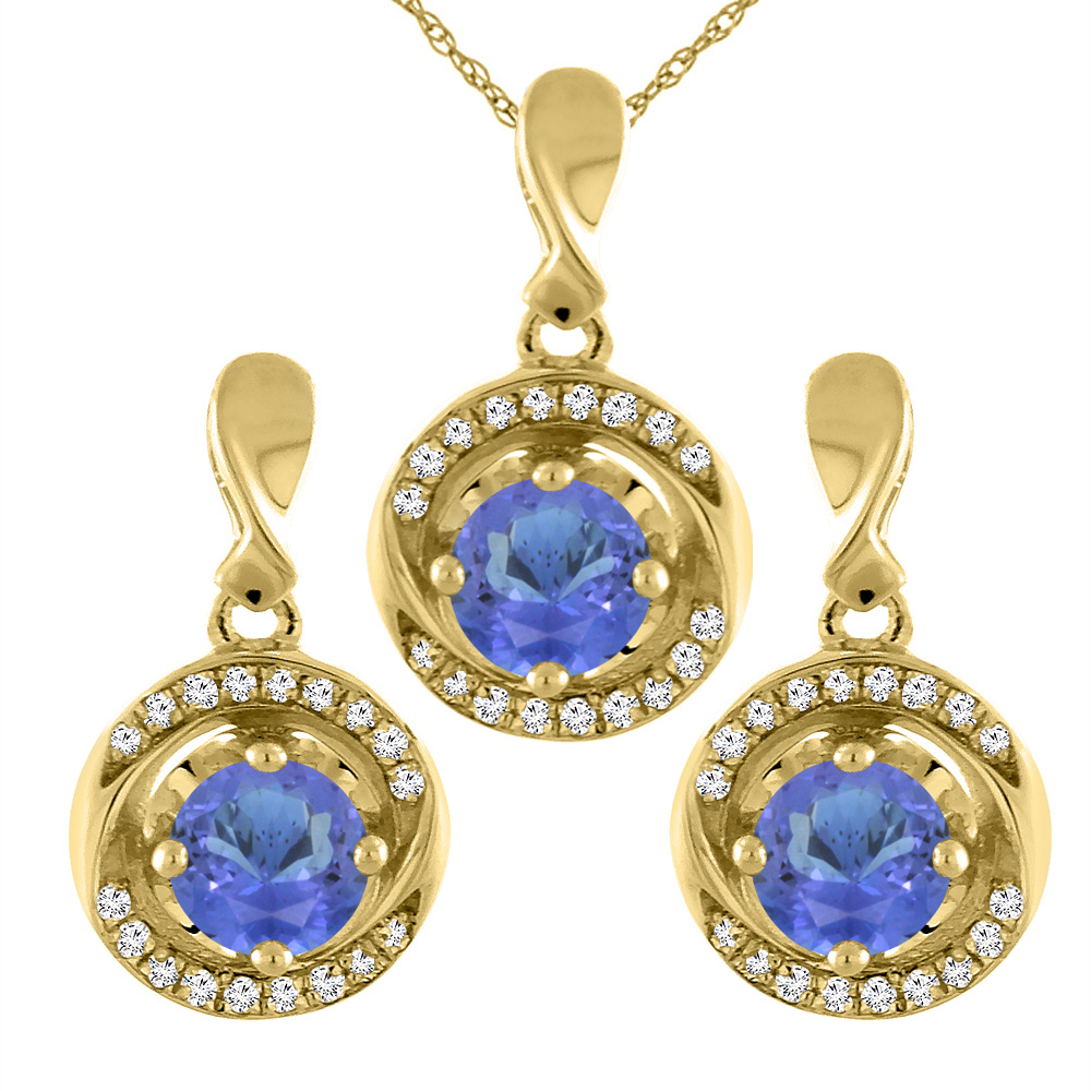 14K Yellow Gold Natural Tanzanite Earrings and Pendant Set with Diamond Accents Round 4 mm