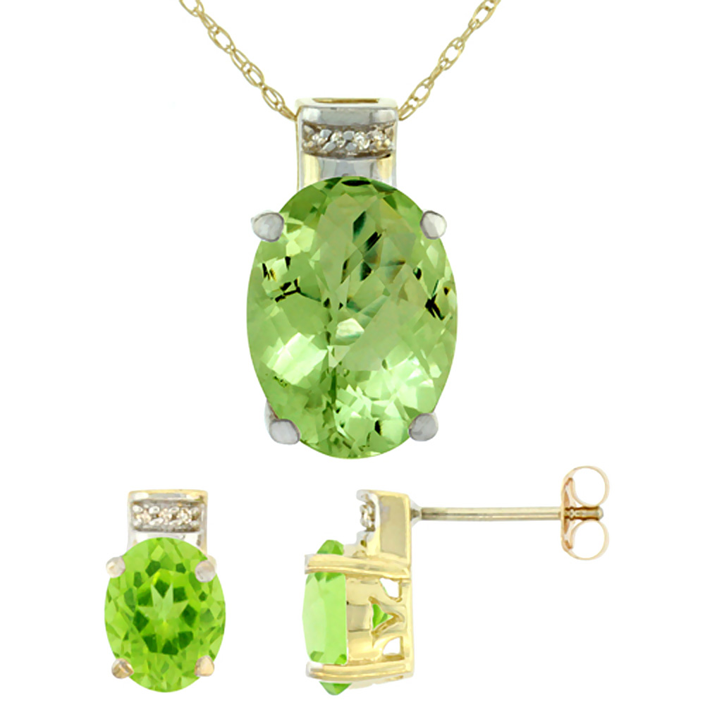 10K Yellow Gold Diamond Natural Oval Peridot Earrings & Pendant Set