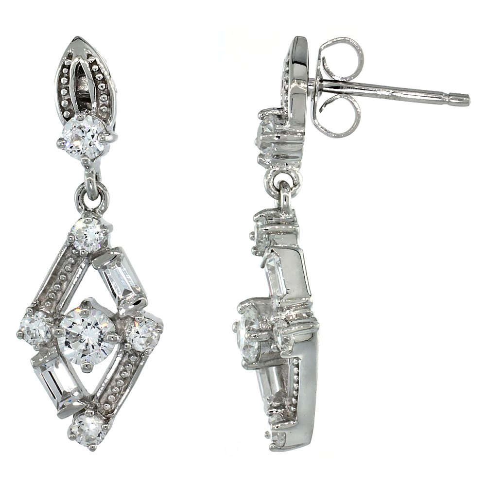 Sterling Silver Baguette & Brilliant Cut CZ Quadrilateral Open Dangle Earrings for Women 1 1/16 in. (27 mm) tall