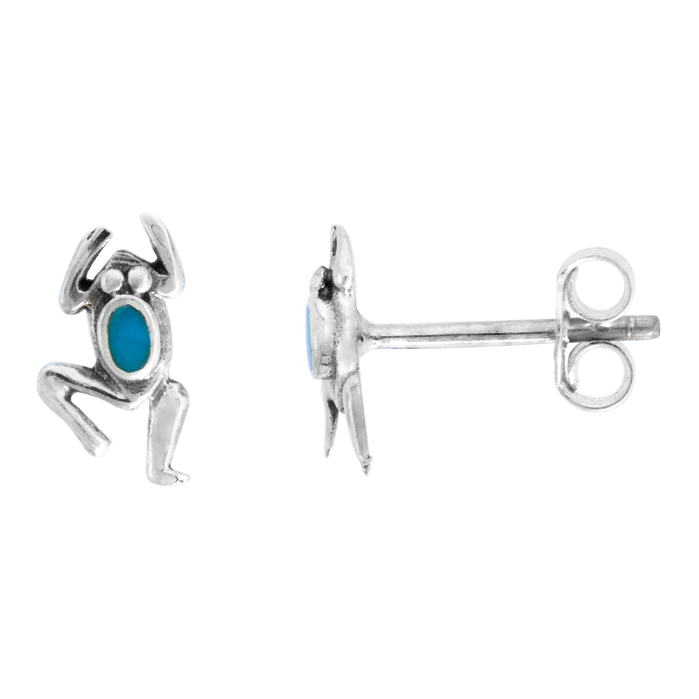Tiny Sterling Silver Reconstituted Turquoise Frog Stud Earrings 7/16 inch