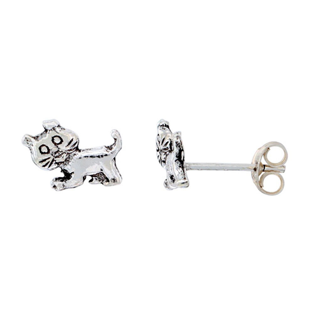 Sterling Silver Tiny Cat Stud Earrings 3/8 inch wide