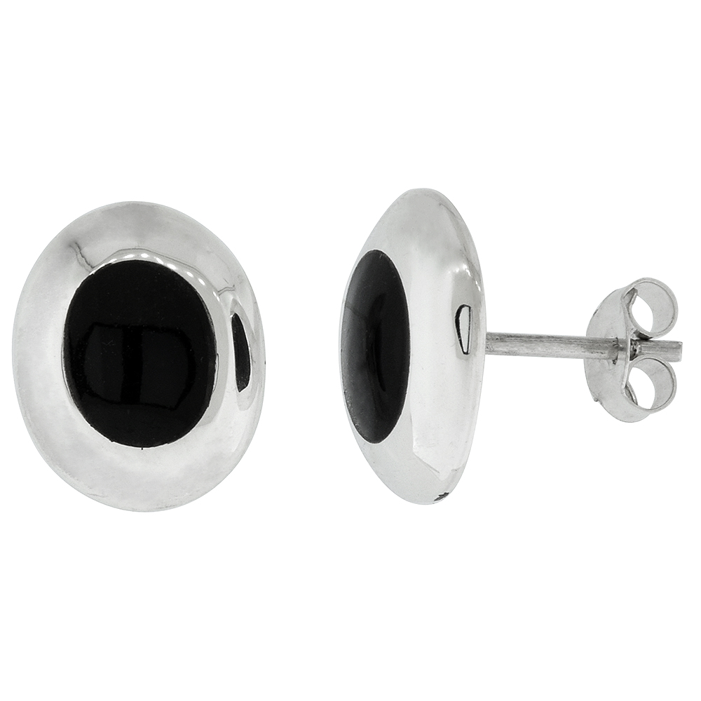 1/2 inch Sterling Silver Jet Stone Oval Botton Stud Earrings for Womens 12.5X10 mm