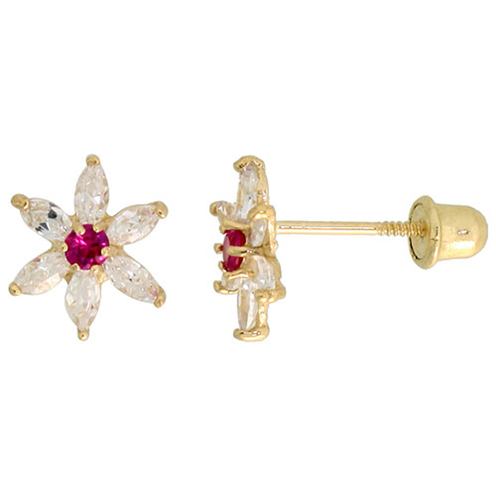 14k Gold Flower Stud Earrings Red & white Cubic Zirconia Stones, 5/16 inch (8mm) 