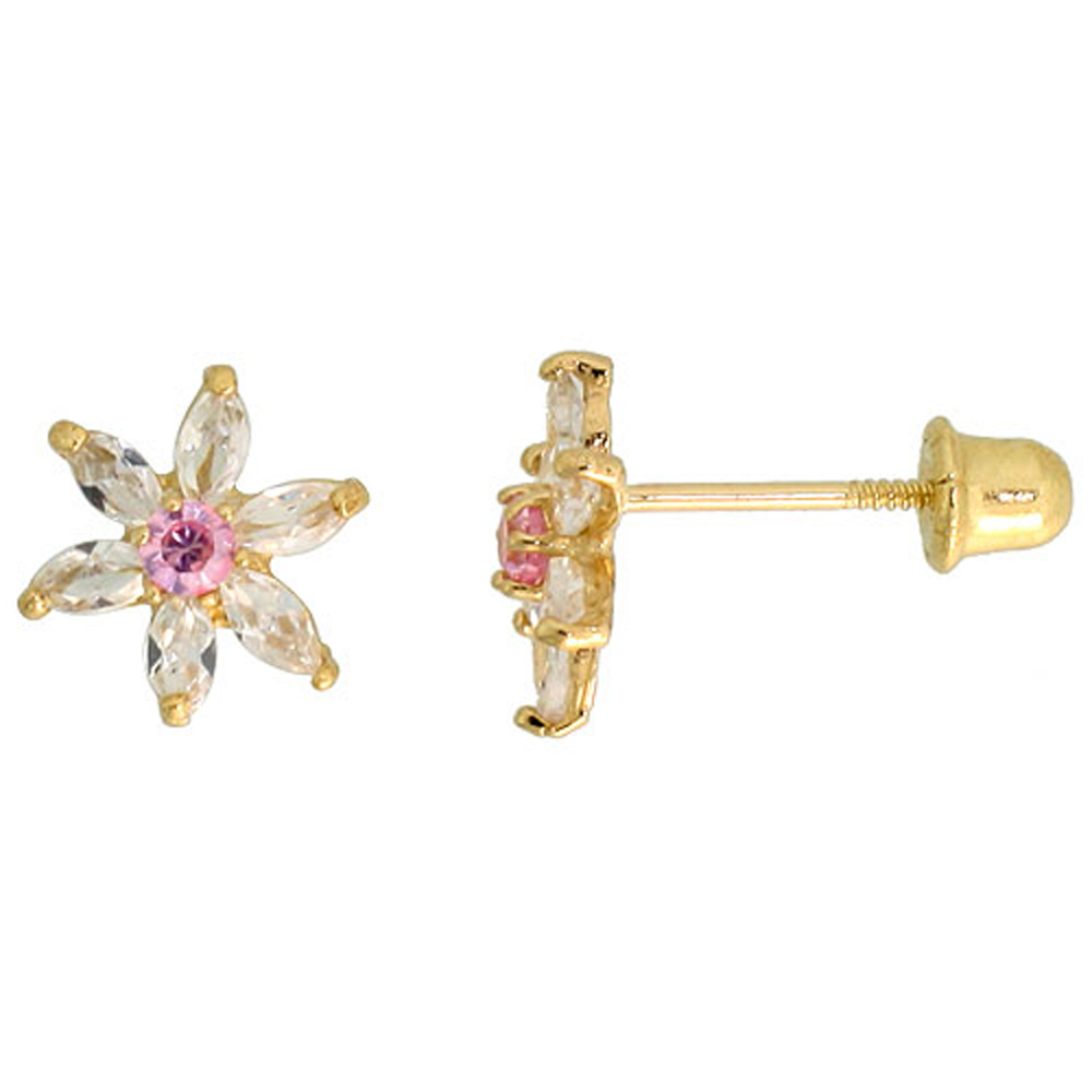 14k Gold Flower Stud Earrings Pink & white Cubic Zirconia Stones, 5/16 inch (8mm) 