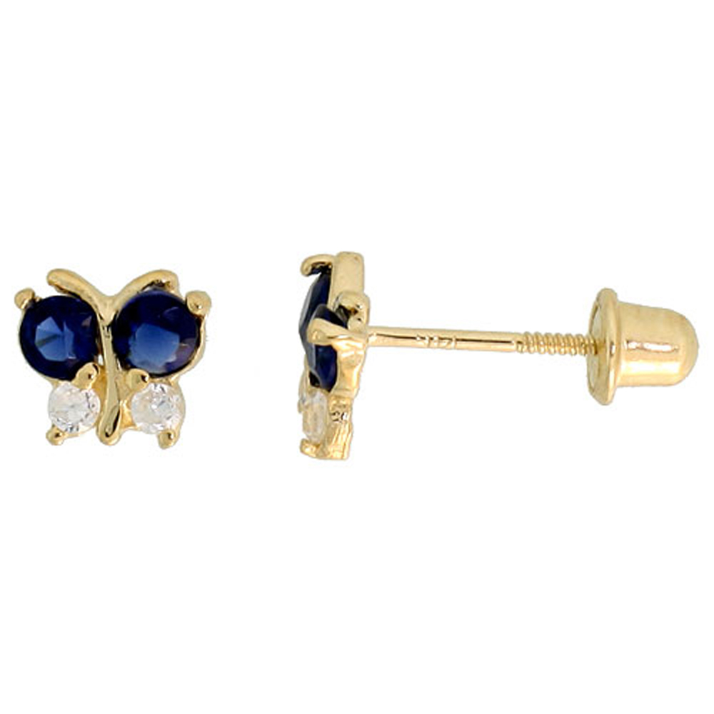 14k Gold Tiny Butterfly Stud Earrings Blue & white Cubic Zirconia Stones, 3/16 inch (5mm) 