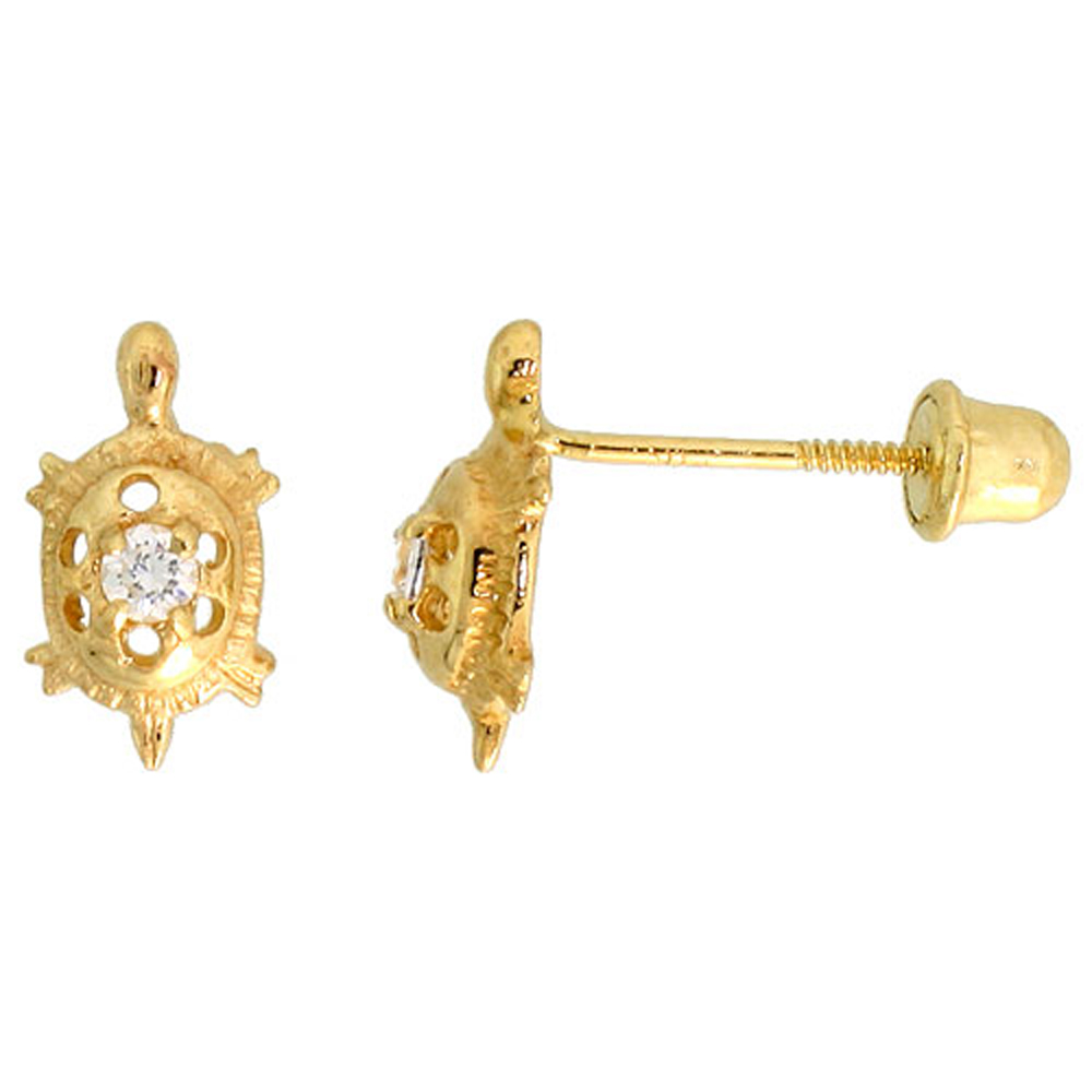 14k Gold Tiny Turtle Stud Earrings White Cubic Zirconia Stones, 3/8 inch (9mm) 