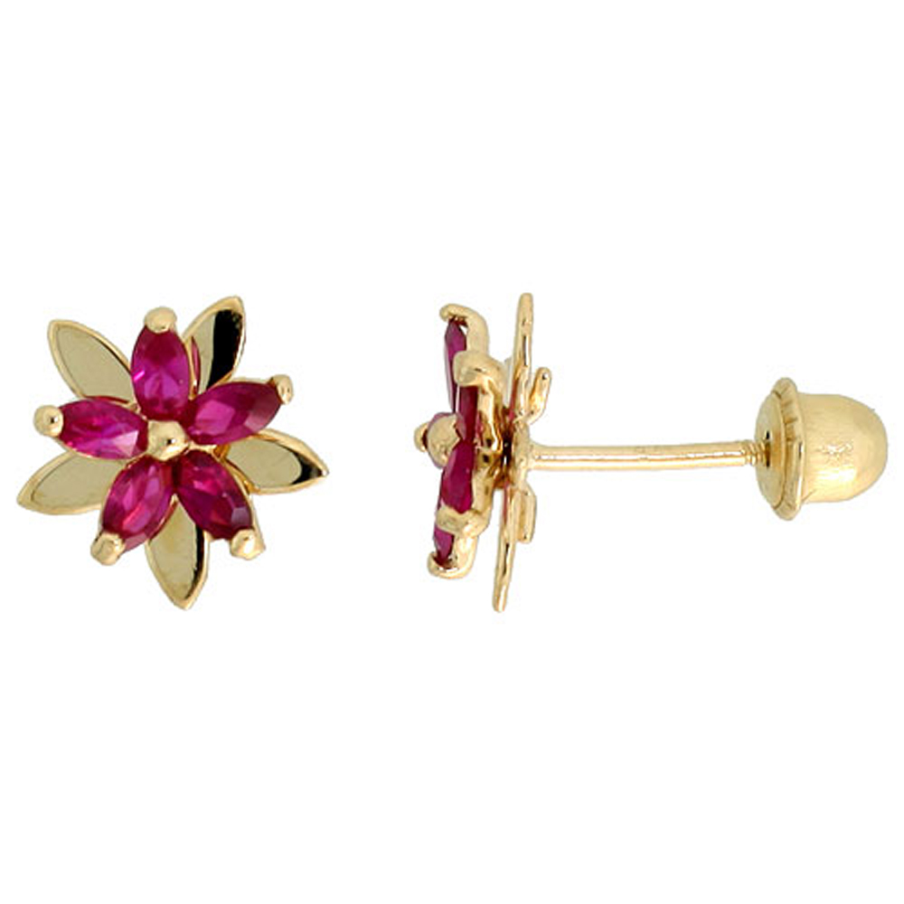 14k Gold Flower Stud Earrings Red Cubic Zirconia Stones, 5/16 inch (8mm) 