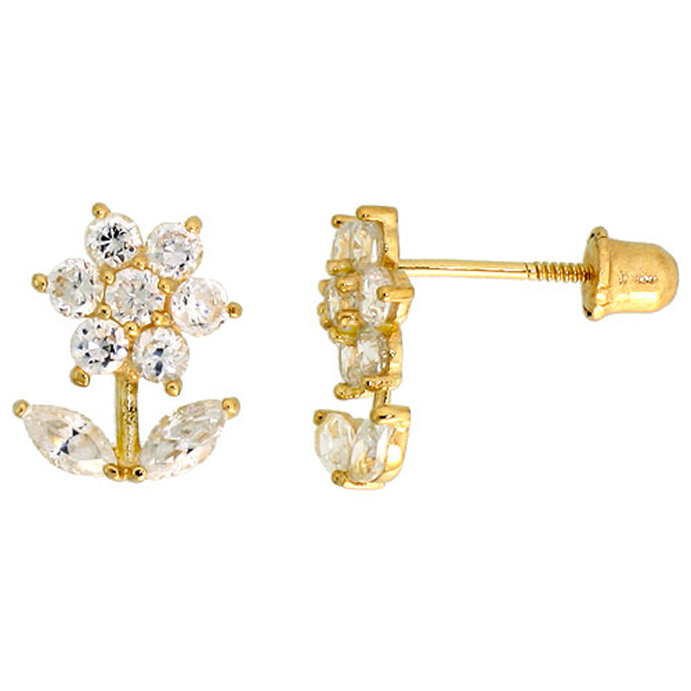 14k Gold Flower w/ Leaves Stud Earrings White & white Cubic Zirconia Stones, 3/8 inch (10mm) 