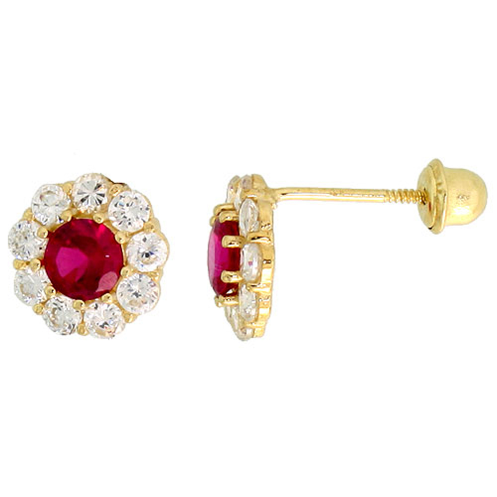 14k Gold Flower Stud Earrings Red & white Cubic Zirconia Stones, 5/16 inch (8mm) 