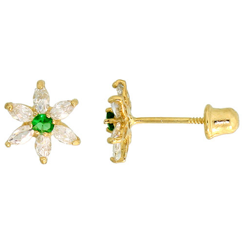 14k Gold Flower Stud Earrings White & white Cubic Zirconia Stones, 5/16 inch (8mm) 