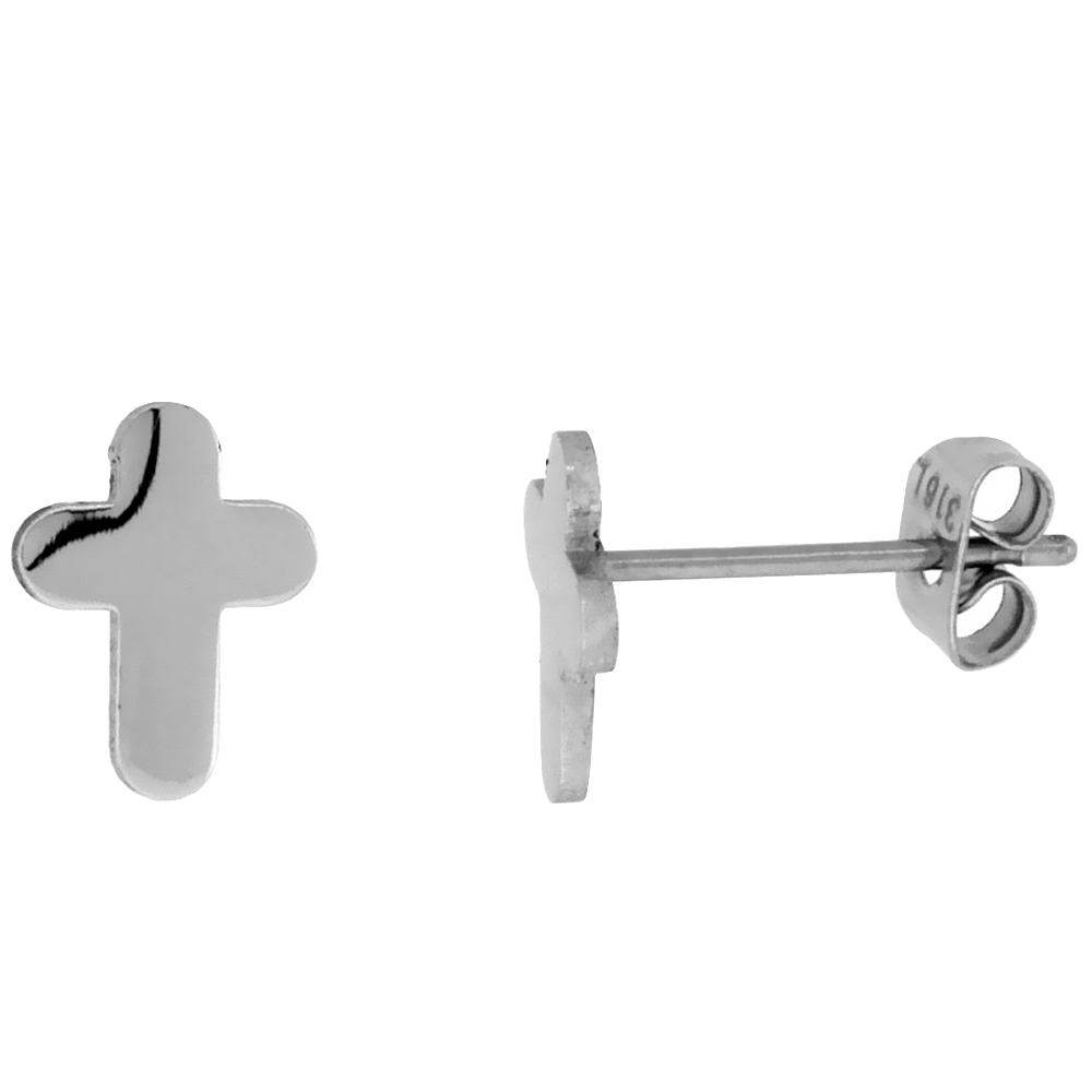 Stainless Steel Tiny Cross Stud Earrings Rounded Ends 1/2 inch
