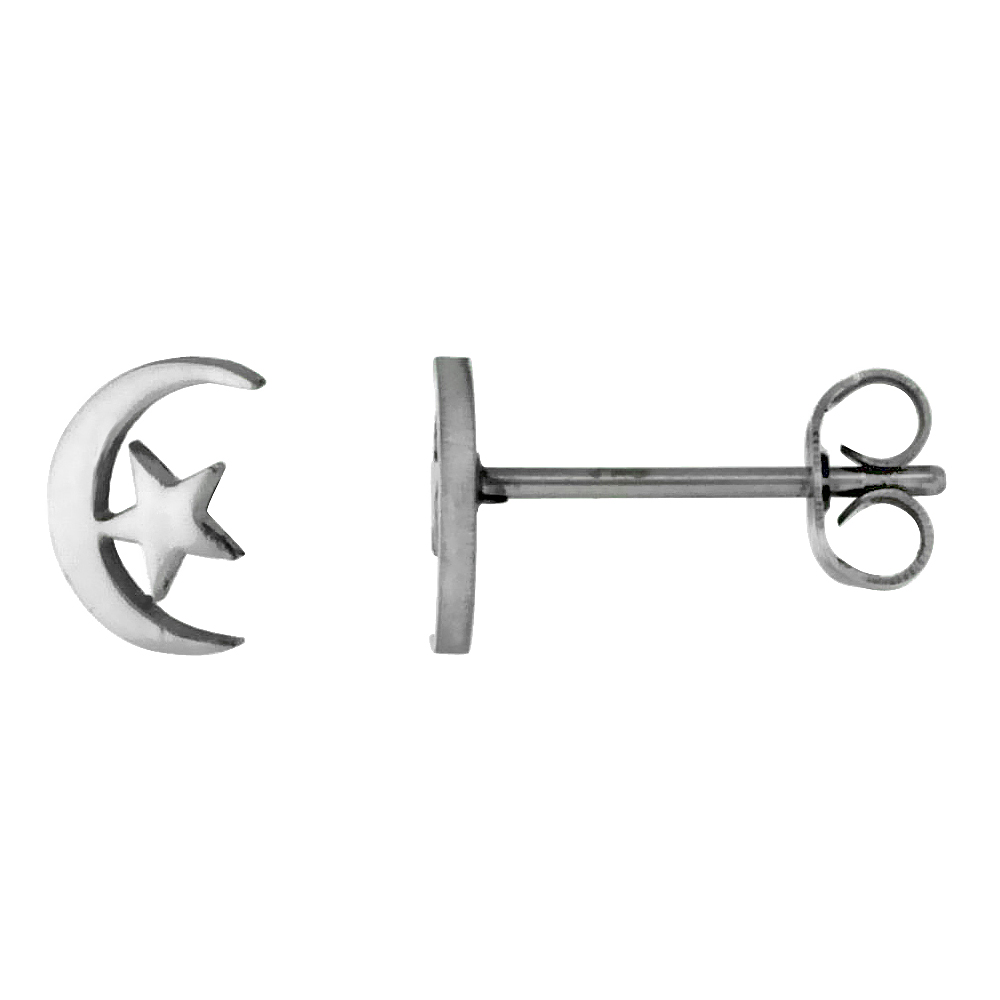 Stainless Steel Tiny Moon & Star Stud Earrings 5/16 inch