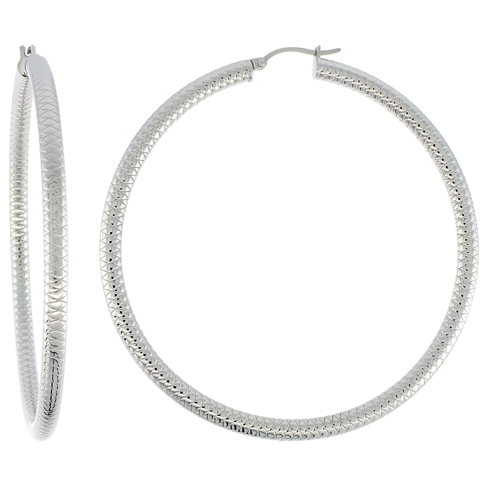 Stainless Steel Hoop Earrings 2 3/4 inch Round 4 mm wide Tight Zigzag Pattern Light Weightt Stainless Steel Hoop Earrings 2 3/4 inch Round 4 mm wide Tight Zigzag Pattern Light Weightt