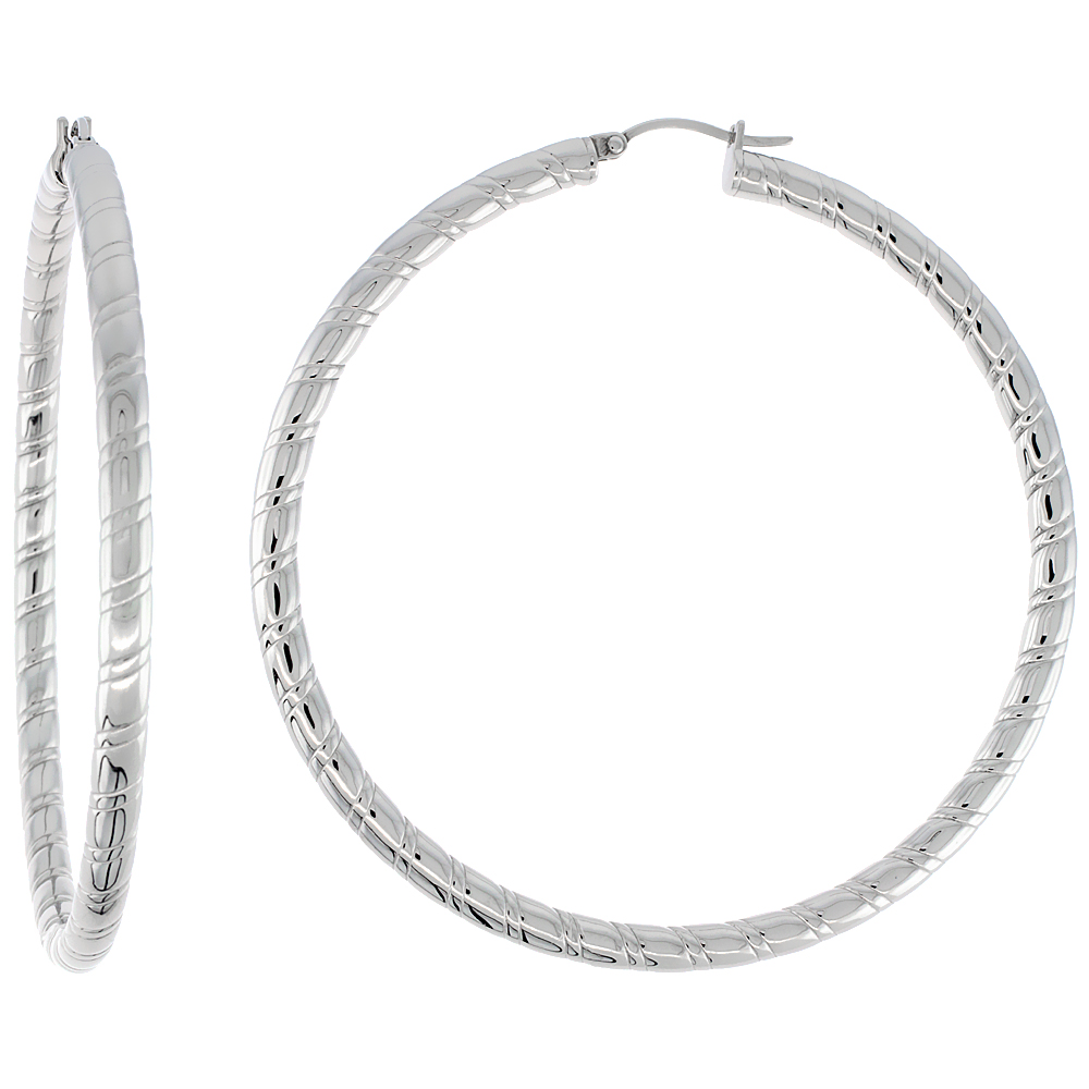 Stainless Steel Hoop Earrings 2 3/4 inch round 4 mm wide Candy Stripe Pattern Light Weightt Stainless Steel Hoop Earrings 2 3/4 inch round 4 mm wide Candy Stripe Pattern Light Weightt