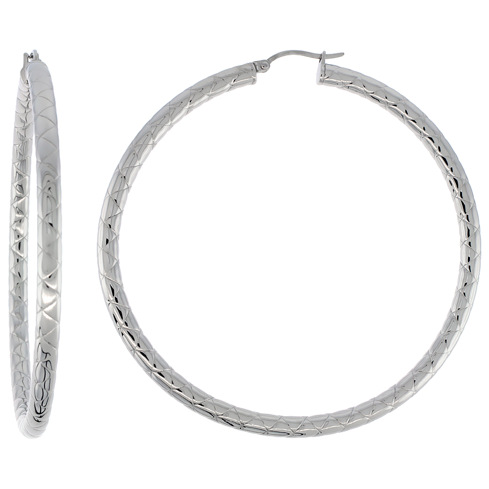 Stainless Steel Hoop Earrings 2 3/4 inch Round 4 mm wide Zigzag Pattern Light Weightt Stainless Steel Hoop Earrings 2 3/4 inch Round 4 mm wide Zigzag Pattern Light Weightt