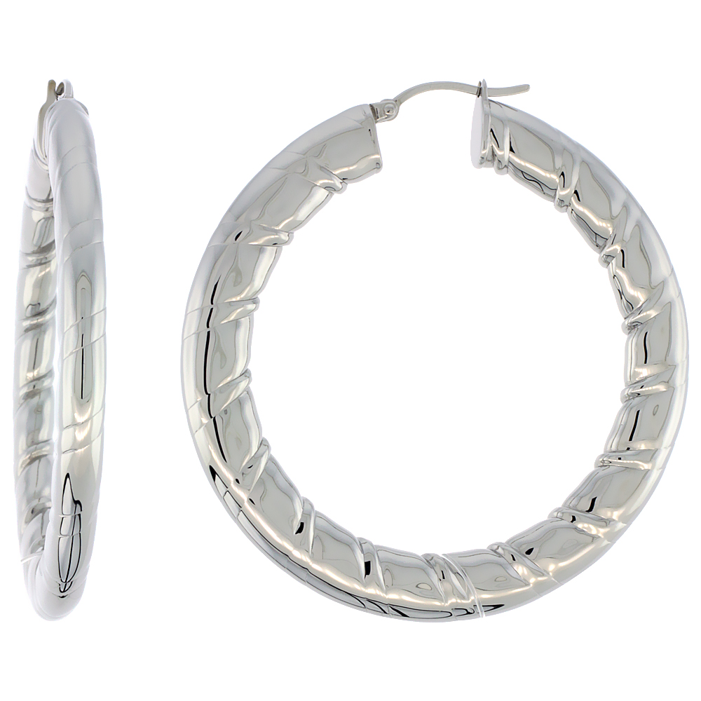 Stainless Steel Flat Hoop Earrings 2 inch Round 4 mm wide Candy Stripe Pattern Light Weightt Stainless Steel Flat Hoop Earrings 2 inch Round 4 mm wide Candy Stripe Pattern Light Weightt