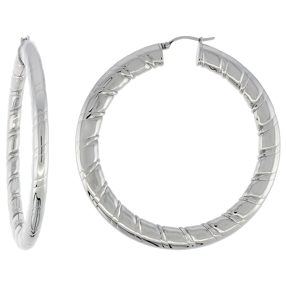 Stainless Steel Flat Hoop Earrings 2 1/2 inch Round 4 mm wide Candy Stripe Pattern Light Weightt Stainless Steel Flat Hoop Earrings 2 1/2 inch Round 4 mm wide Candy Stripe Pattern Light Weightt