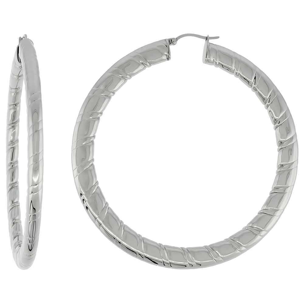 Stainless Steel Flat Hoop Earrings 3 inch Round 4 mm wide Candy Stripe Pattern Light Weightt Stainless Steel Flat Hoop Earrings 3 inch Round 4 mm wide Candy Stripe Pattern Light Weightt