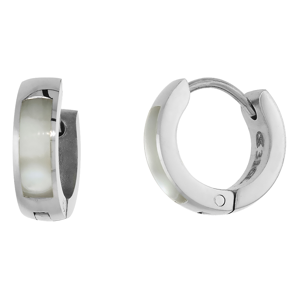 Small Stainless Steel Mother Of Pearl Huggie Hoop Earrings medium 1/2 inch