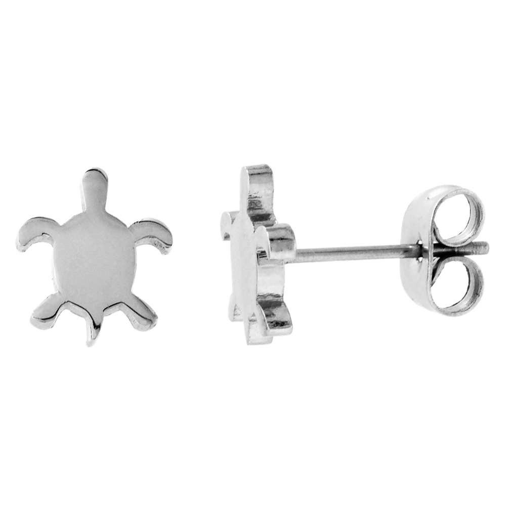 10 Pair Pack Small Stainless Steel Sea Turtle Stud Earrings 3/8 inch