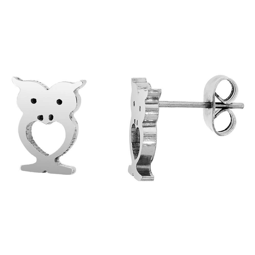 Small Stainless Steel Owl Stud Earrings 3/8 inch