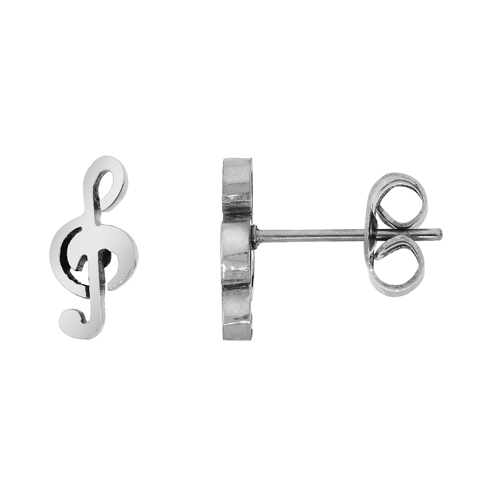 Small Stainless Steel G Clef Stud Earrings Musical Symbol 3/8 inch