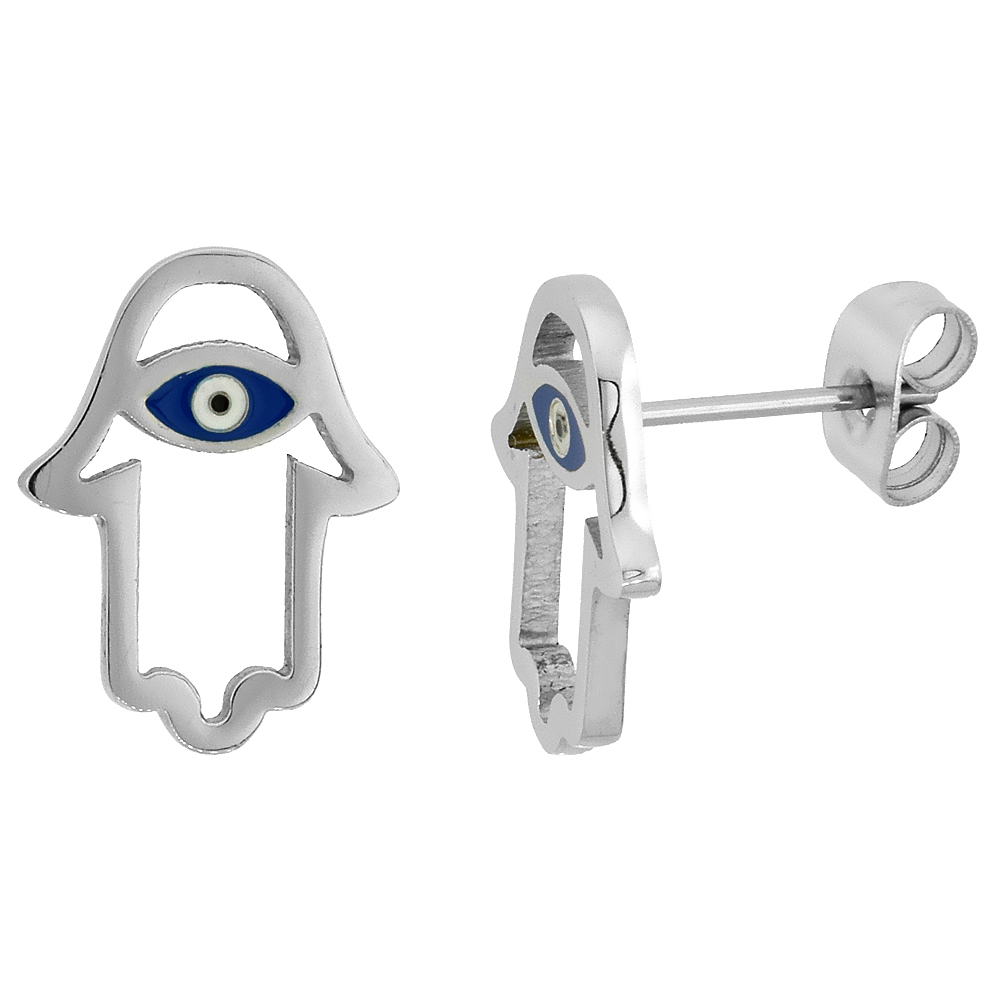 10 Pair Pack Stainless Steel Hamsa Stud Earrings 5/8 inch long