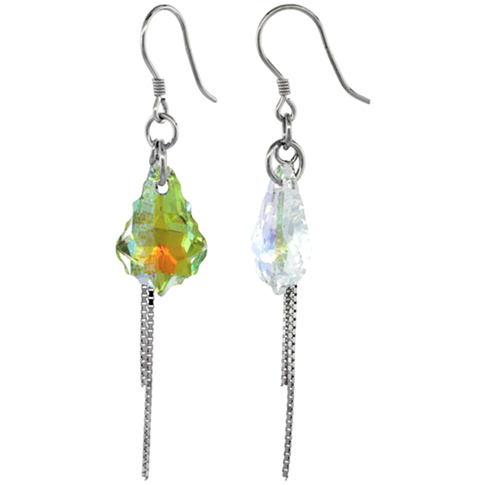 Sterling Silver Dangle Earrings w/ Yellow Swarovski Crystal 2 1/4 in. (58 mm) tall, Rhodium Finish