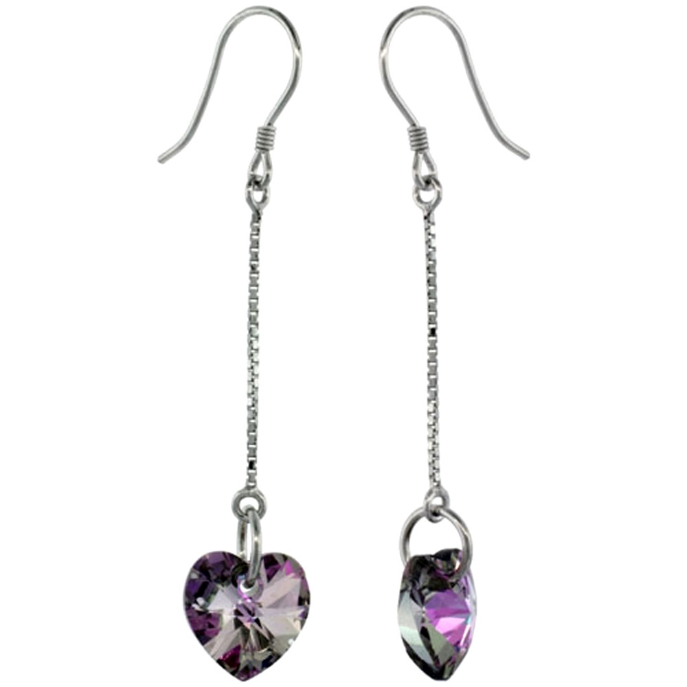 Sterling Silver Dangle Earrings w/ Purple Swarovski Crystal Heart 2 in. (51 mm) tall, Rhodium Finish
