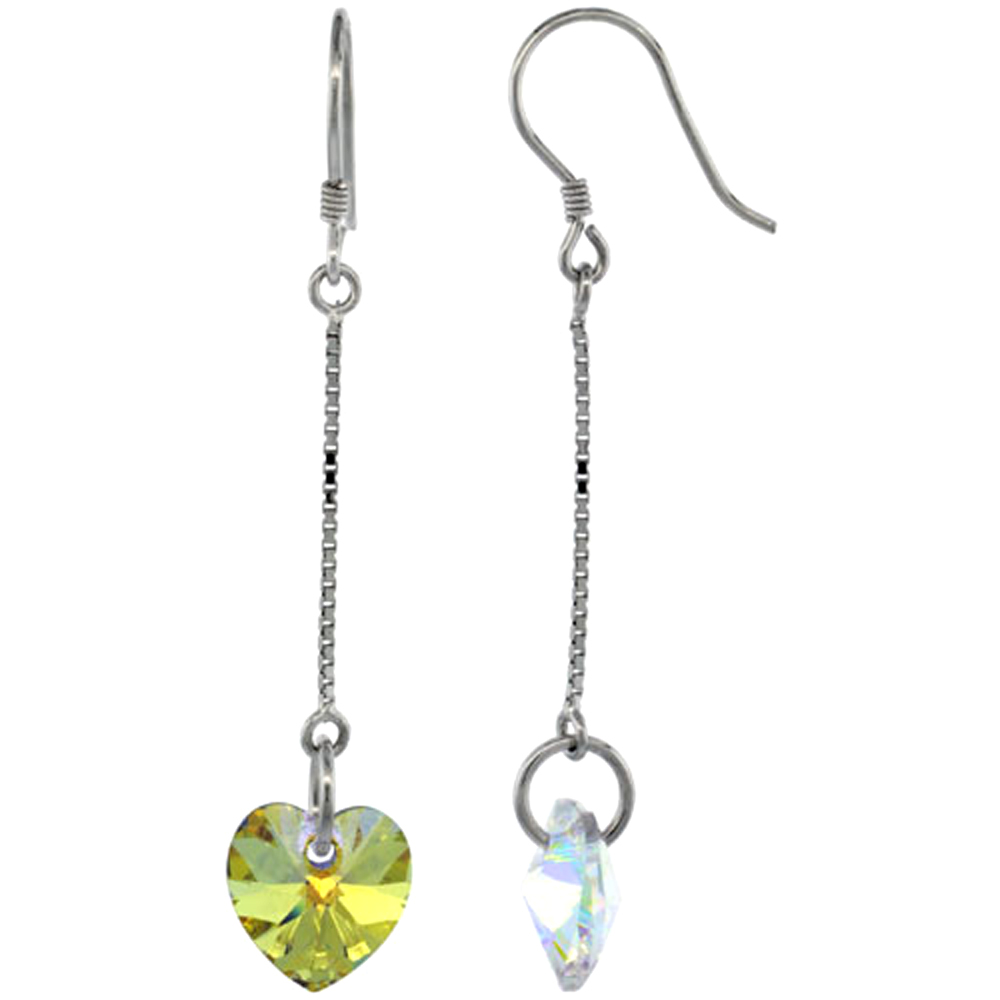 Sterling Silver Dangle Earrings w/ Yellow Swarovski Crystal Heart 2 in. (51 mm) tall, Rhodium Finish