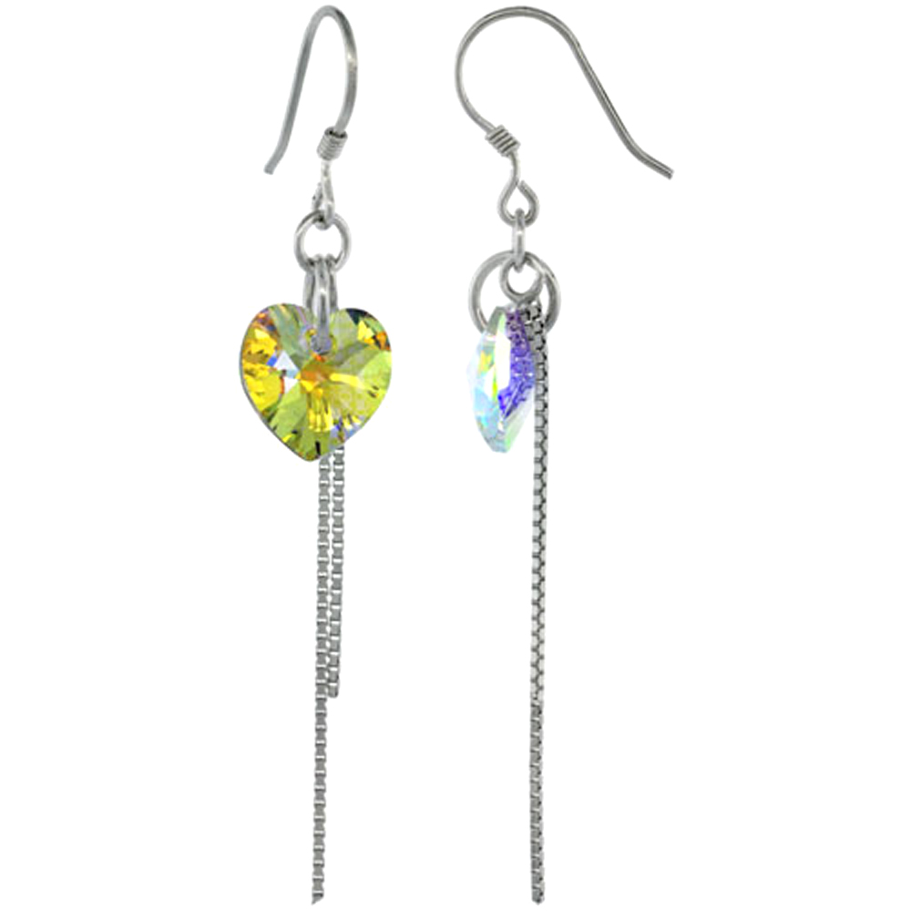 Sterling Silver Dangle Earrings w/ Yellow Swarovski Crystal Heart 2 1/4 in. (58 mm) tall, Rhodium Finish