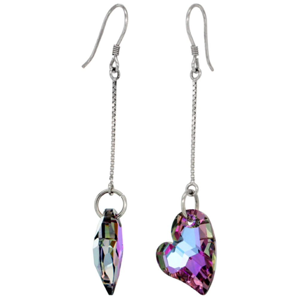 Sterling Silver Dangle Earrings w/ Purple Swarovski Crystal Fancy Heart 2 5/16 in. (59 mm) tall, Rhodium Finish