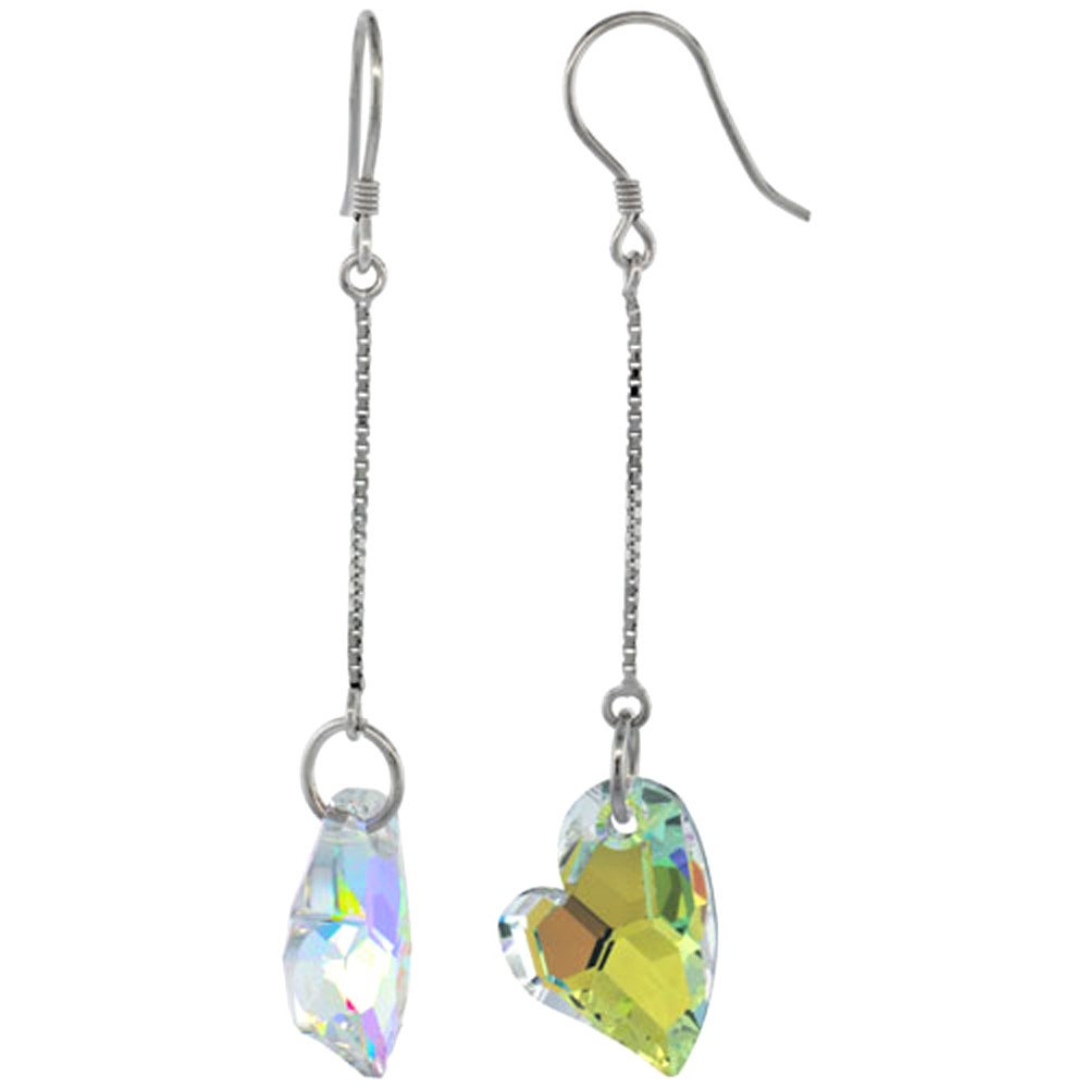 Sterling Silver Dangle Earrings w/ Yellow Swarovski Crystal Fancy Heart 2 5/16 in. (59 mm) tall, Rhodium Finish