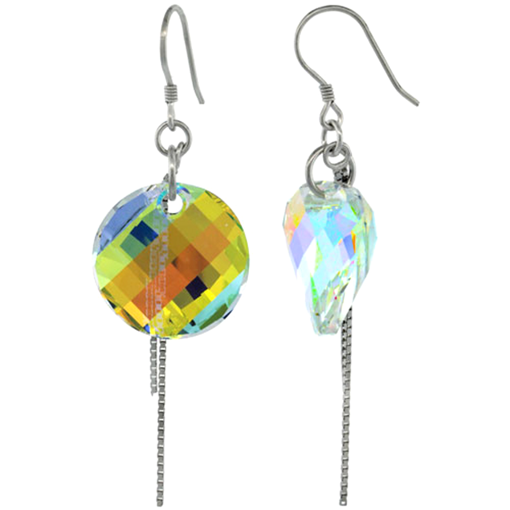 Sterling Silver Dangle Earrings w/ Yellow Swarovski Crystal Disc 2 1/4 in. (58 mm) tall, Rhodium Finish