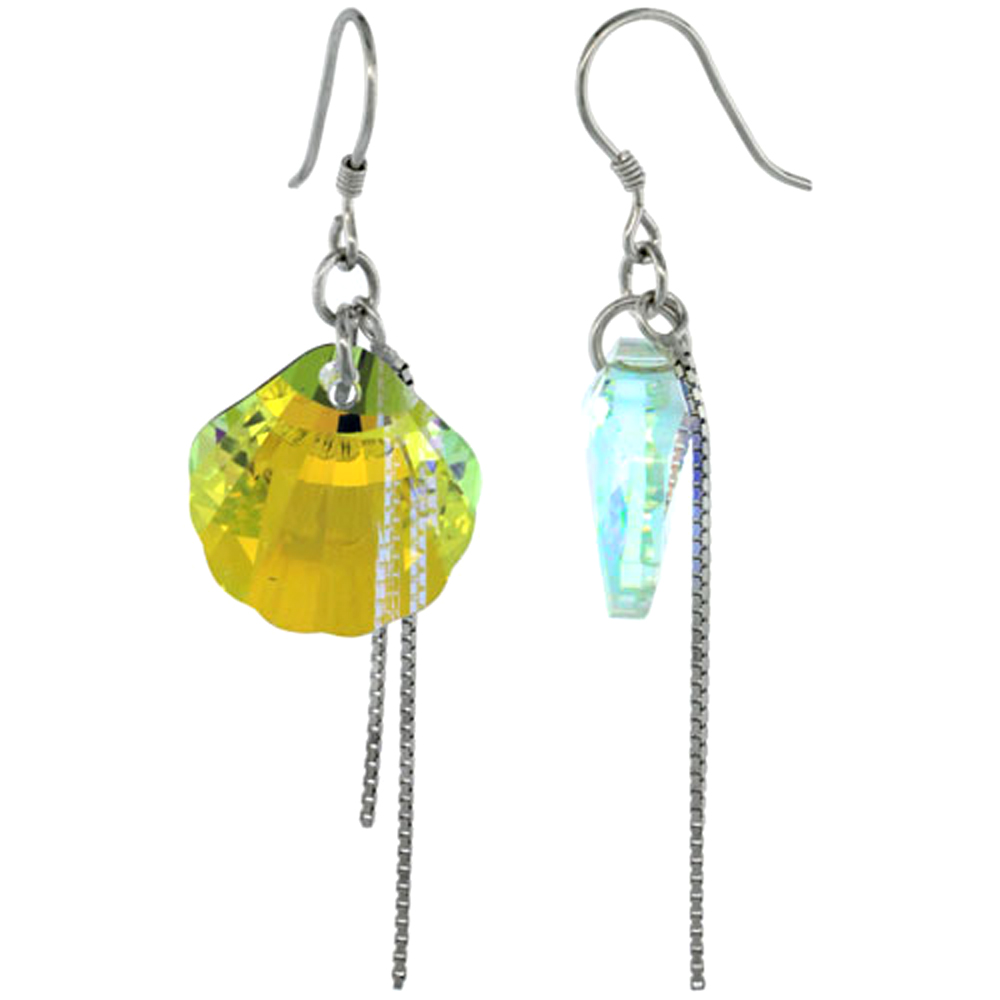 Sterling Silver Dangle Earrings w/ Yellow Swarovski Crystal Fan Shape 2 1/4 in. (58 mm) tall, Rhodium Finish